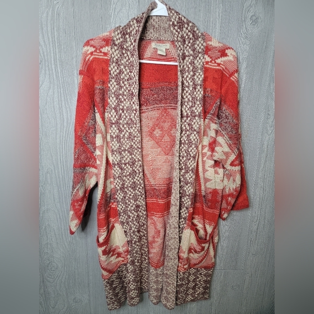 Lucky Brand Womens Southwestern Geometric Open Front Cardigan Red XS/S